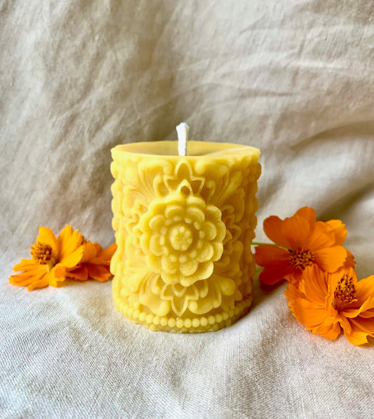 Beeswax Pillar Candle with Flower Mandala